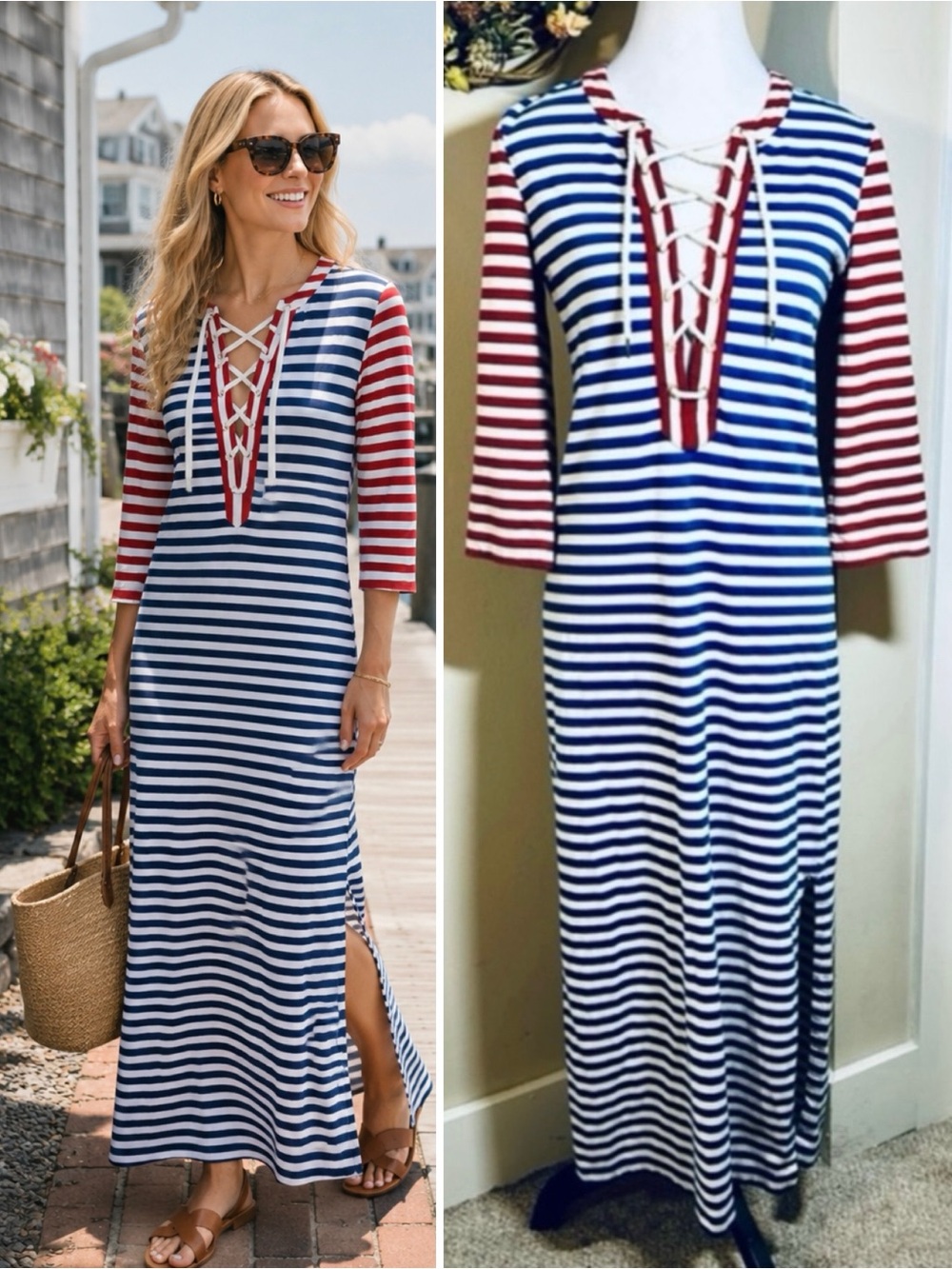 J.CREW Sammie Jersey Knit Tie Neck Coastal  3/4 Sleeve Maxi Dress Sz XS💛